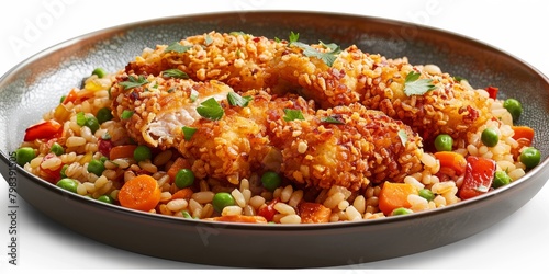 barley with vegetables and baked chicken nuggets coated in cornflake crumbs