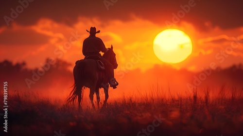 A man is riding a horse in a grassland at sunset under a red sky afterglow, with clouds in the sky, in a natural landscape ecoregion