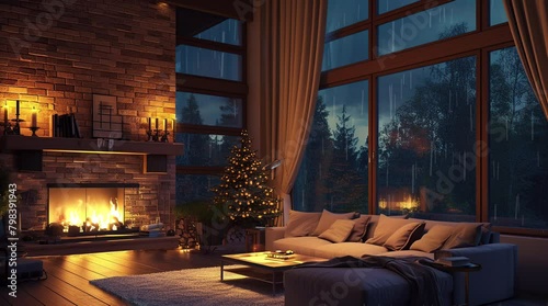 Inviting living room with a comfortable sofa, offering a view of the rainy night through the window. Cozy ambiance for reSeamless looping 4k time-lapse virtual video animation background. Generated AI
