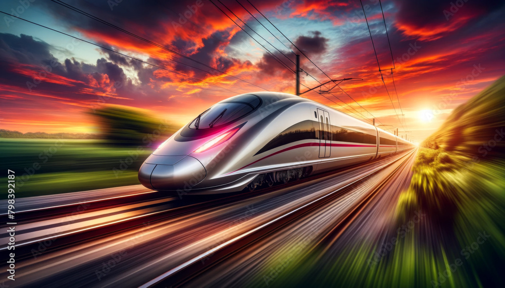 Futuristic train speeding through the countryside against a dramatic sunset sky, conveying motion.