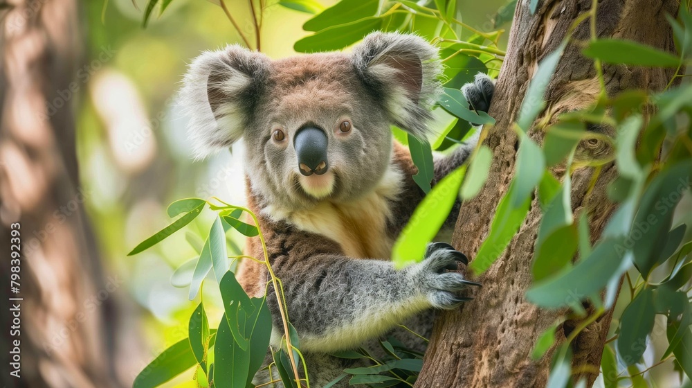 Fototapeta premium A koala sitting in a eucalyptus tree