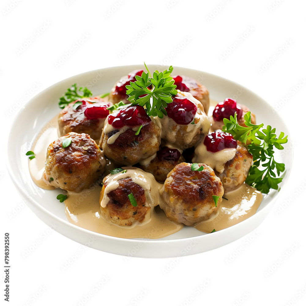 A serving of Swedish meatballs, accompanied by lingonberry jam and creamy sauce, transparent background, PNG Cutout A serving of Swedish meatballs, accompanied by lingonberry jam and creamy sauce, transparent background, PNG Cutout