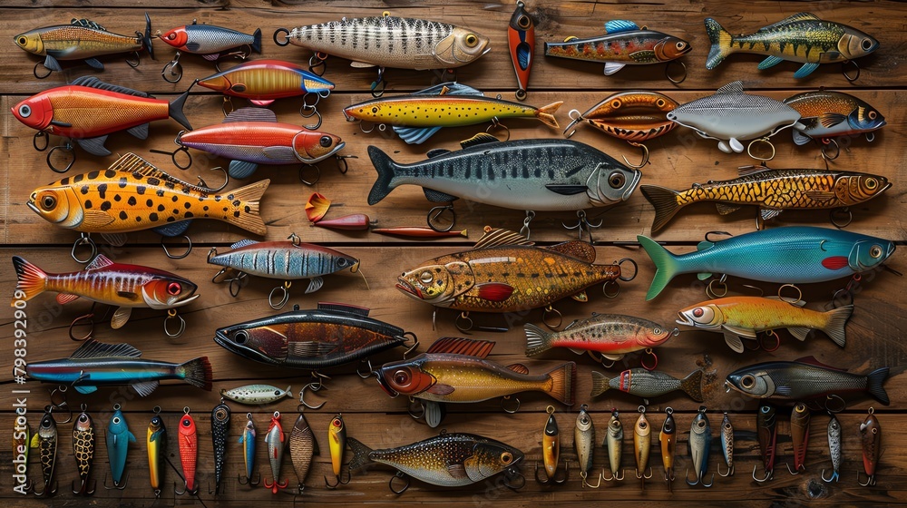 Artistic display of various fishing lures and baits arranged in a pattern, highlighting the craftsmanship against a rustic wooden backdrop