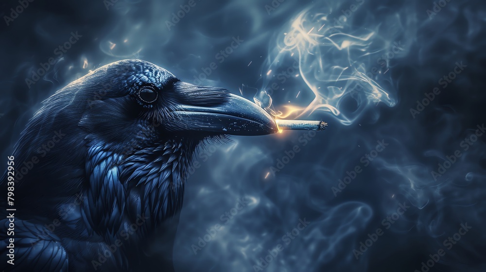 Obraz premium Artistic portrayal of a raven holding a lit cigarette in its beak, smoke curling elegantly into the dark backdrop