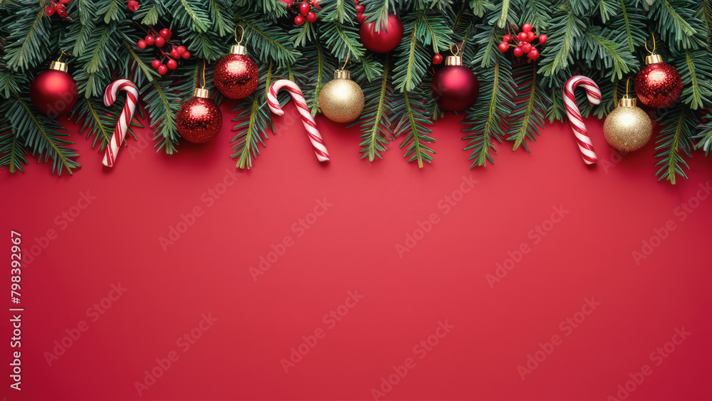 Christmas Holiday Red Background with Decorative Ornaments Copy-Space
