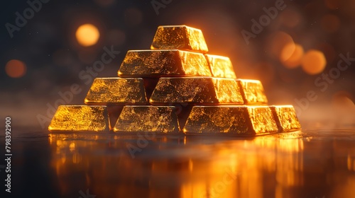 Artistic 3D render of gold bars stacked in a pyramid shape, glowing under a spotlight, representing stability and luxury investment