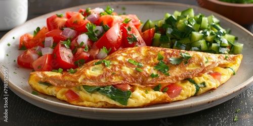 Egg recipe with fresh, colorful vegetables bell peppers, tomatoes, onions, and spinach