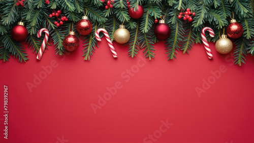 Christmas Holiday Red Background with Decorative Ornaments Copy-Space