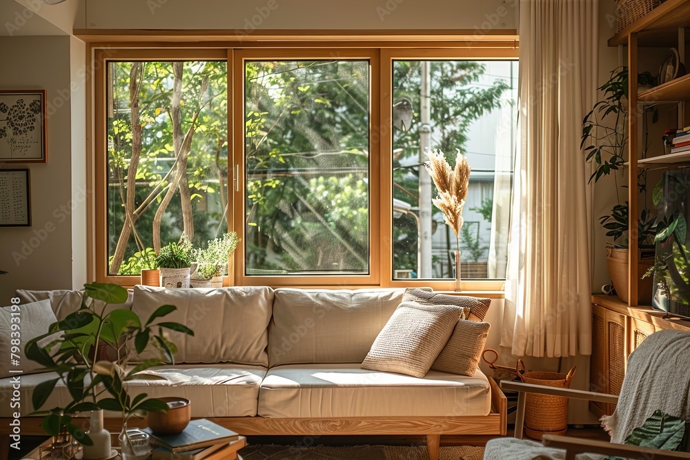 Natural Light-Filled Apartment with Tree Views and Wooden Decor Harmony