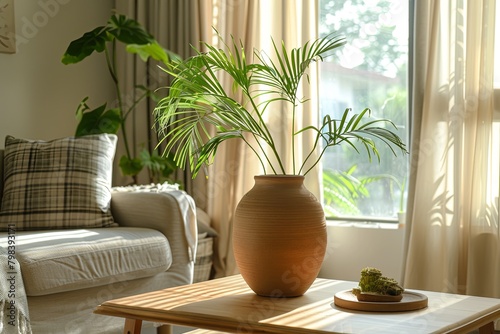 Airy Apartment with Tropical Terracotta Vase and Stylish Decor