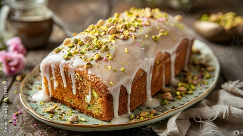 Celebrate Mother s Day with a delightful treat a pistachio and lime cake loaf showered in glaze and sprinkled with chopped pistachios photo