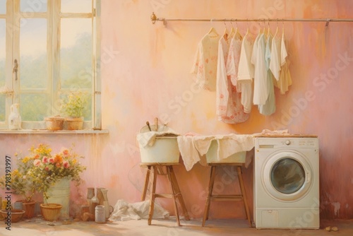 A washing room painting laundry old. photo