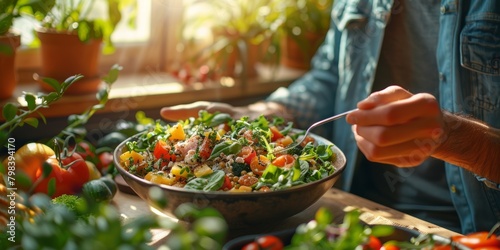 a person enjoying a vibrant, plant-based meal fresh salad
