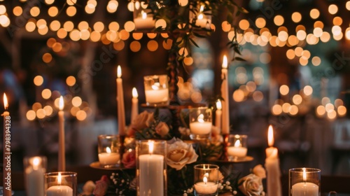 A mix of tealight candles and tapered candles are displayed on the multilevel platforms creating a visually striking centerpiece for this boho chic wedding reception. 2d flat cartoon. photo