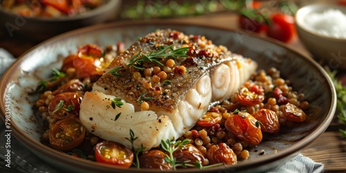 roasted vegetables alongside baked cod and buckwheat groats photo