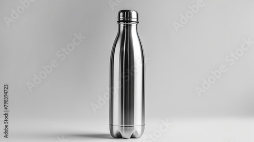 Stainless steel insulated water bottle on a grey background.
