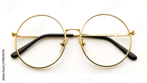 Gold-rimmed eyeglasses with clear lenses on a white background.
