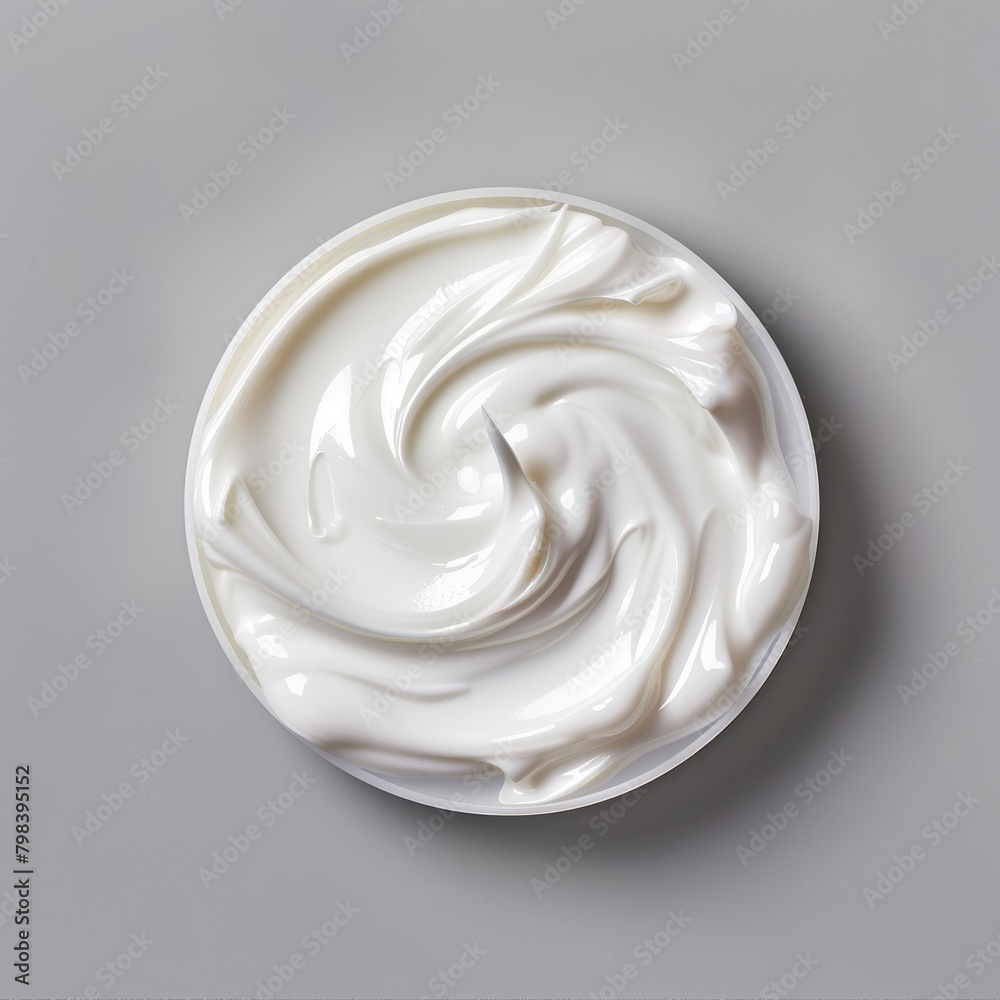 smooth creamy white face cream on a light gray background texture, top view, close-up smooth creamy white face cream on a light gray background texture, top view, close-up