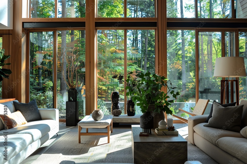 Nature-Inspired Contemporary Living Space with Expansive Windows