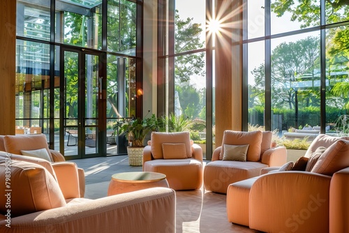 Contemporary Lounge: Floor-to-Ceiling Windows, Natural Light & Peach-Beige Color Scheme