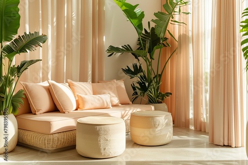 Pastel Peach and Beige Contemporary Lounge with Delicate Tropical Greenery