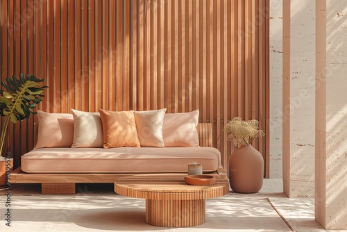 Peach and Beige Bliss: Stylish Wooden Accents in a Contemporary Lounge Setting