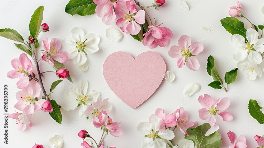 A top down view captures a delightful scene featuring a blooming apple tree adorned with delicate pink and white flowers and petals Nestled among them is a heart shaped pink paper card eleg