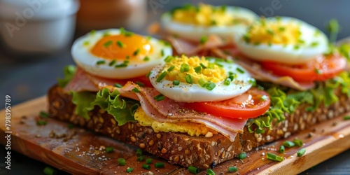 toast topped with hard-boiled eggs, slices of pork ham, yellow cheese, tomato, and garnished with chives