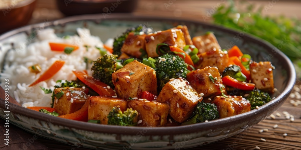 tofu stir-fried with assorted vegetables, served alongside rice tofu stir-fried with assorted vegetables, served alongside rice