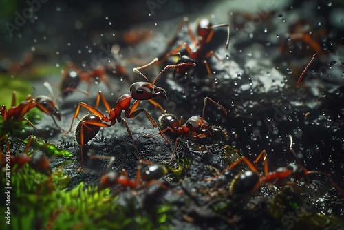 Black ant moving together on the ground