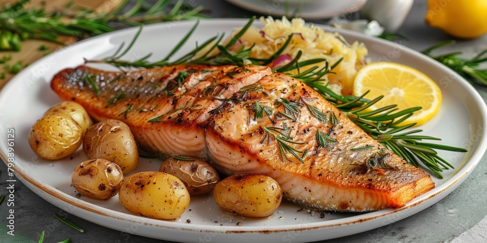 trout seasoned with fresh rosemary, served with boiled potatoes and sauerkraut