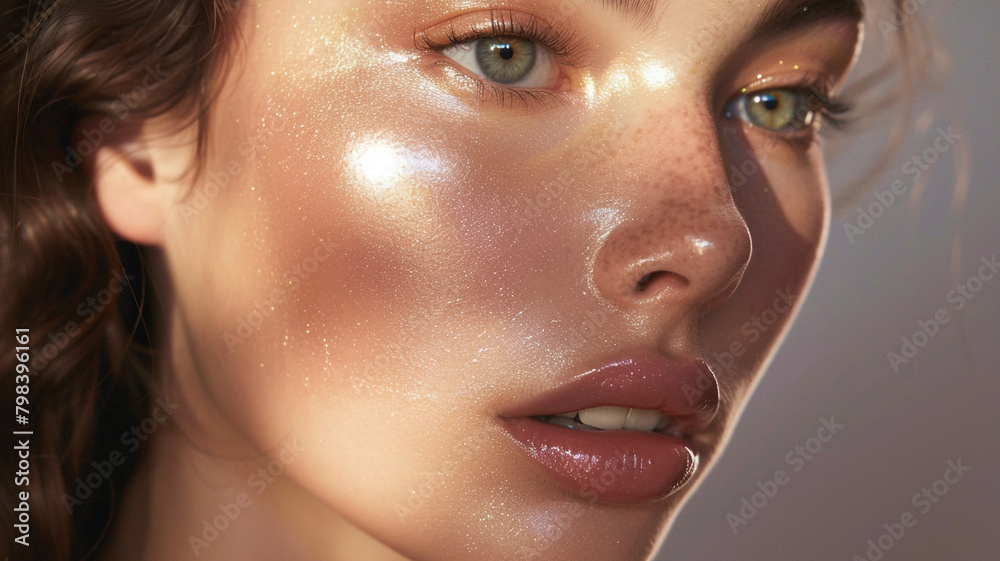  Luminous highlighter delicately applied to the high points of the face, creating a subtle glow that exudes timeless elegance