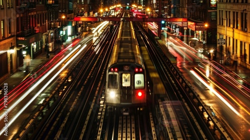 In the urban night the chaotic glow of subway lights blurred with the powerful rush of trains creating a mesmerizing landscape of kinetic energy in the Jungle of Iron and Light. .