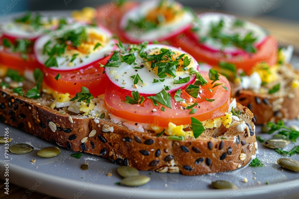 wholemeal bread sandwiches with egg paste, parsley, pumpkin seeds, tomato, and radish