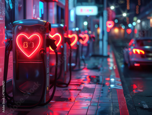 Mini neon hearts beat with energy at each EV charging station a 3D vision of how technology merges with ecoconscious affection in a future metropolis. Generative ai. photo