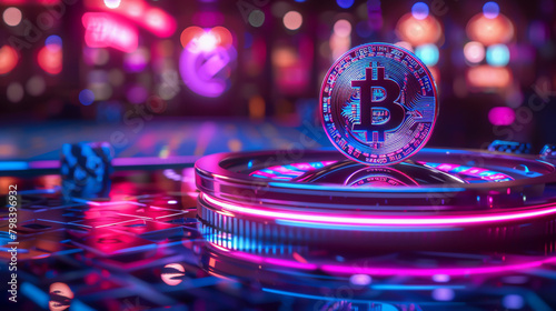 Neon flashes over the digital tables where Bitcoin reigns the casino a 3D world of glowing currency and hightech. Generative ai.