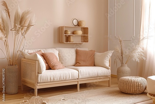 Elegant Peach and Wooden Decor: A Cozy Room in Sophisticated Tones