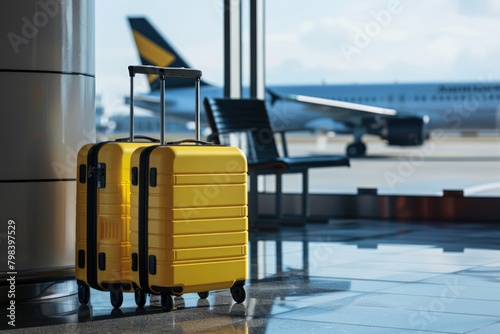 Two suitcases on the airport floor with in an airplane in the background. Generate AI image