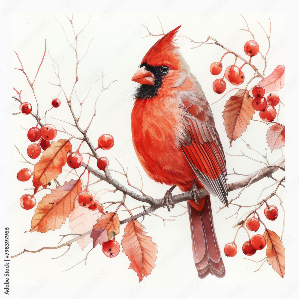A striking illustration of a Northern Cardinal bird perched among autumnal berries and leaves.