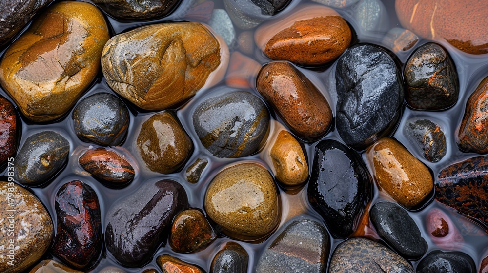 Close up shot of pebbles and stones on a riverbed, shaped by the gentle passage of water through the ages Close up shot of pebbles and stones on a riverbed, shaped by the gentle passage of water through the ages