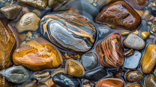 Close up shot of pebbles and stones on a riverbed, shaped by the gentle passage of water through the ages