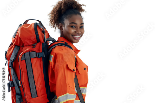 portrait of afro american paramedic female carrying medikit photo