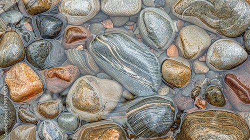 Close up shot of pebbles and stones on a riverbed, shaped by the gentle passage of water through the ages
