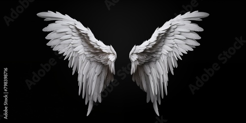 White angel wings on black background. Symbolic representation of purity and spirituality.