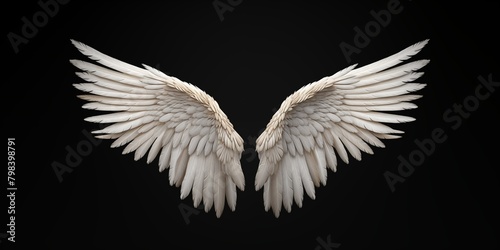 White angel wings on black background. Symbolic representation of purity and divinity.