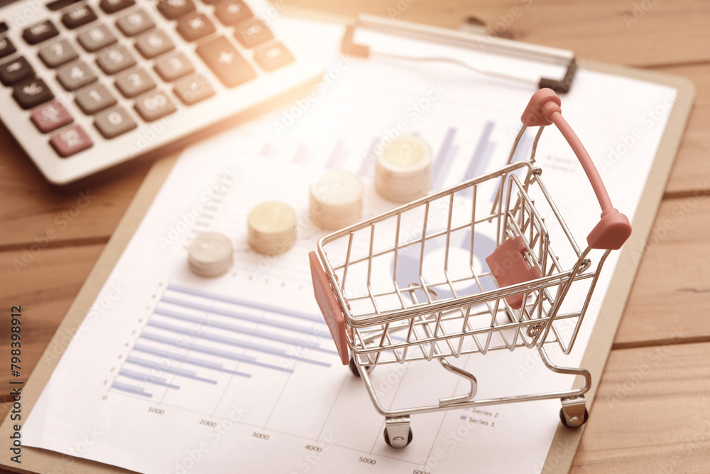 Coins, shopping carts, and calculators placed on financial data reports