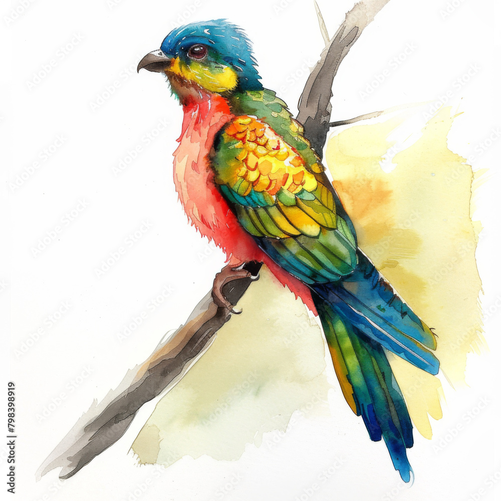 Fototapeta premium Vibrant watercolor illustration of a multicolored bird perched on a branch, with a white backdrop.