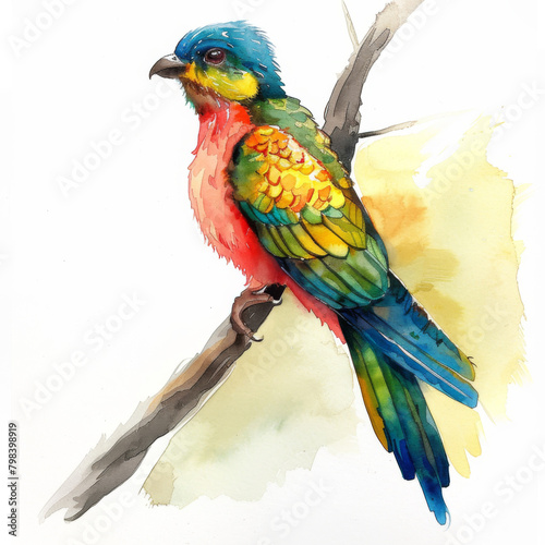 Vibrant watercolor illustration of a multicolored bird perched on a branch, with a white backdrop.