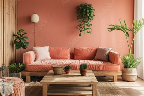 Modern Peach Interior  Gentle Living Room with Wooden Coffee Table and Contemporary Decor