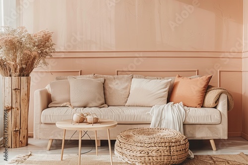 Luxurious Wooden Accents and Cozy Beige Sofa Adorned Lounge in Trendy Peach Hues